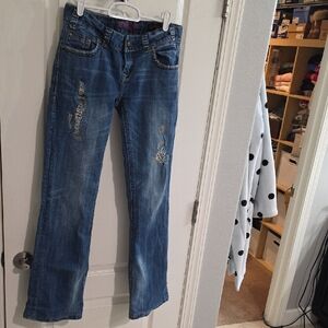 Rock & Roll Cowgirl Distressed Blue Boot Cut Jeans